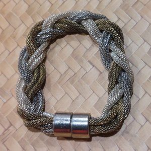 Women's Tri-Colors Mesh Rope Design Magnetic Closure Bracelet w/Earrings - SML
